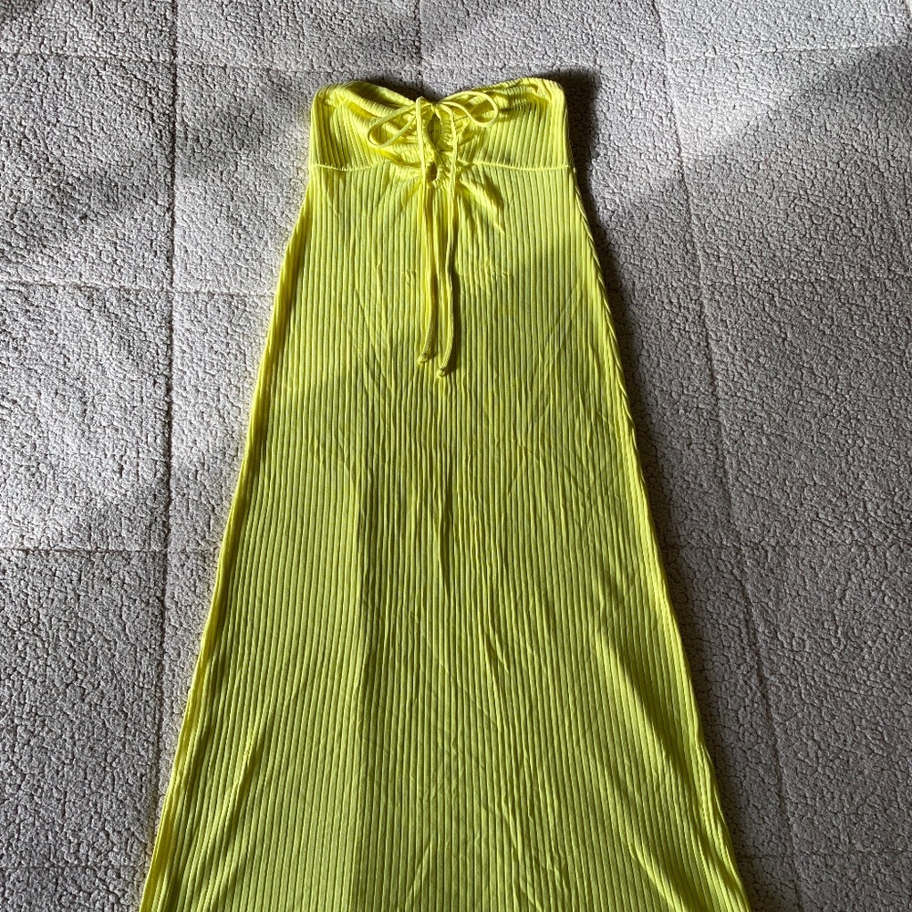 American Eagle Neon Yellow Knit Ruched-Front Midi Dress